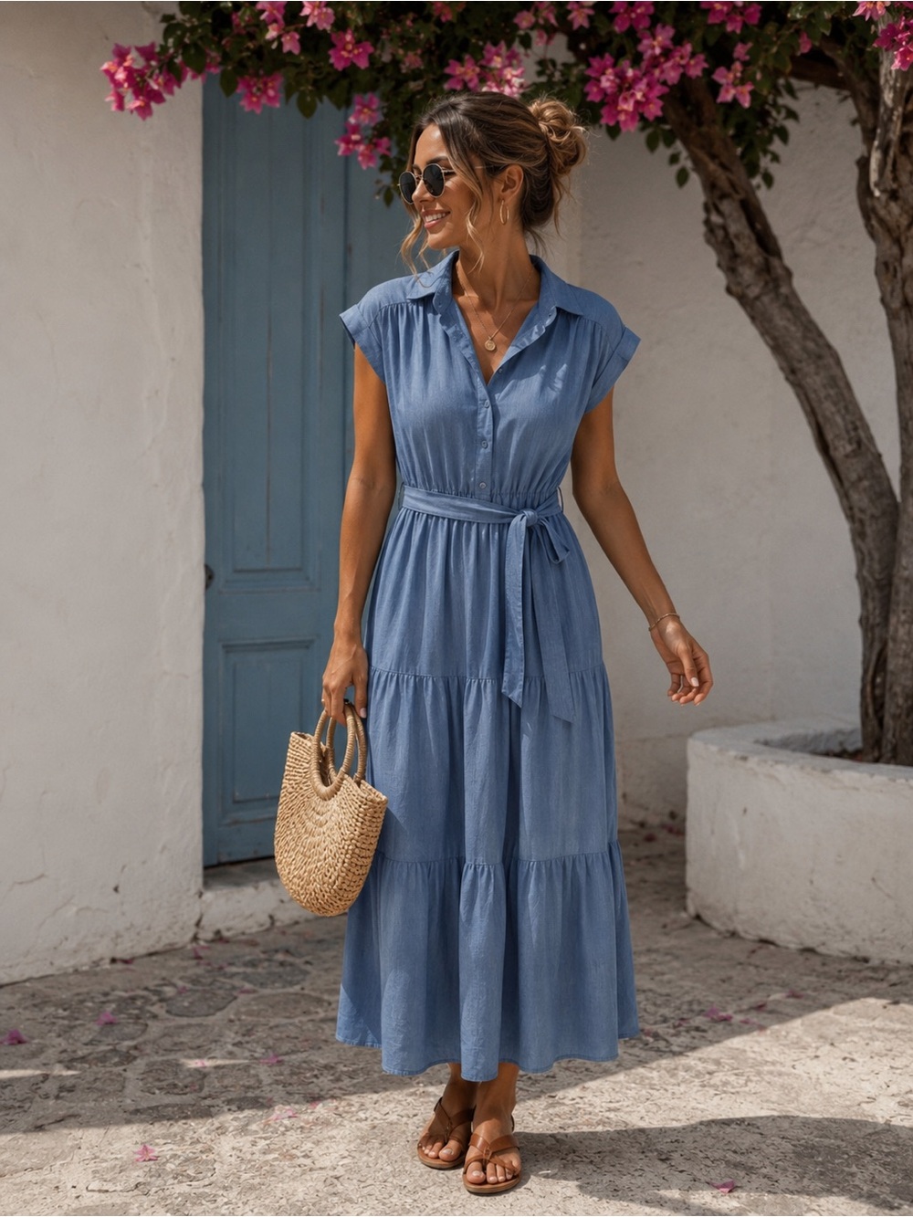 Mia Rose Blue Belted Tiered Midi Dress Belted Collared Button Front Medium